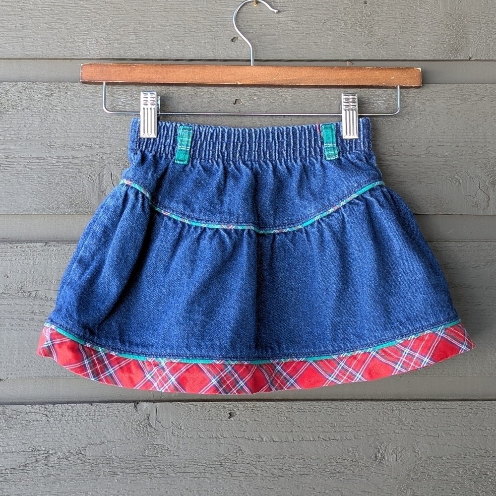 VTG 80s OshKosh B'gosh Blue Denim Skirt with Red Plaid Hem Elastic Waist Size 3T